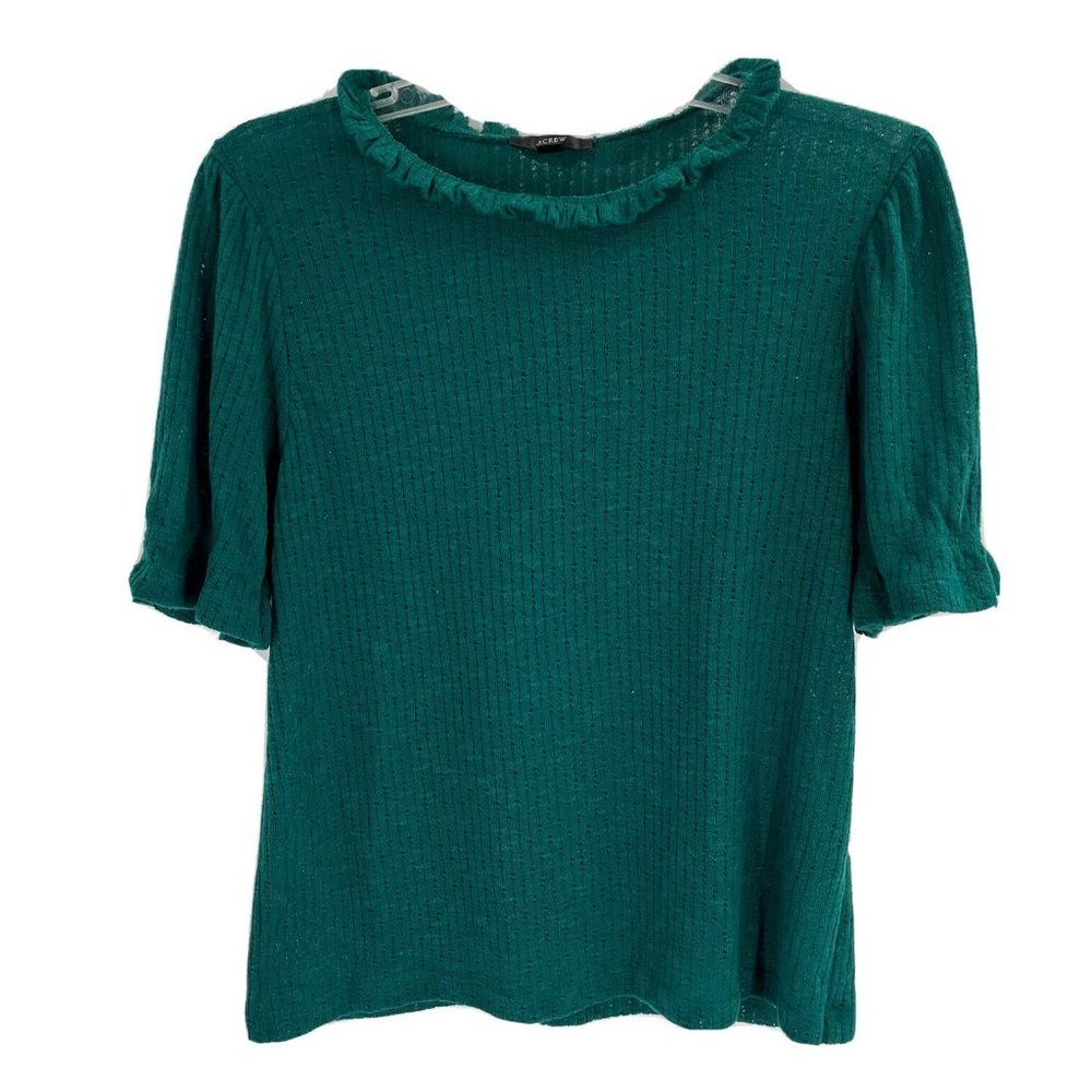 J Crew Green Short Puff Sleeve Ruffle Top Sz L. Runs small.